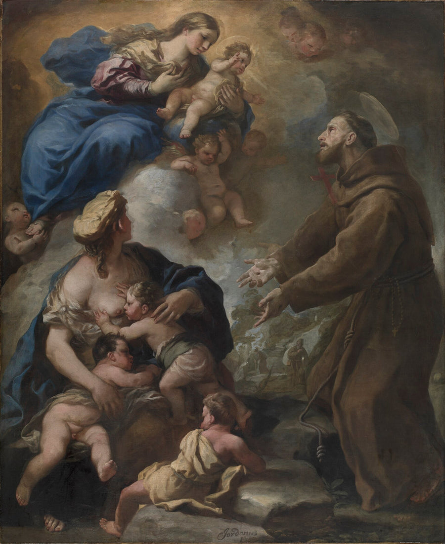 Jomfruen med barnet, der viser sig for Saint Frans af Assisi - Luca Giordano