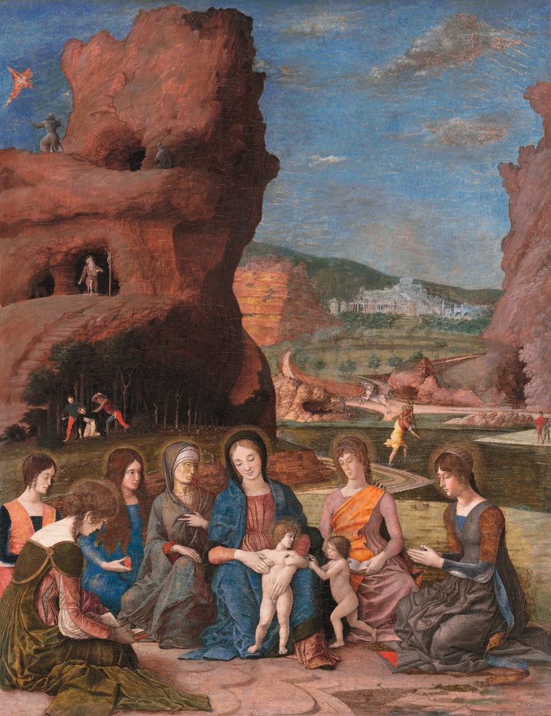 Jomfruen med barnet med den lille Johannes Døberen og seks hellige - Andrea Mantegna