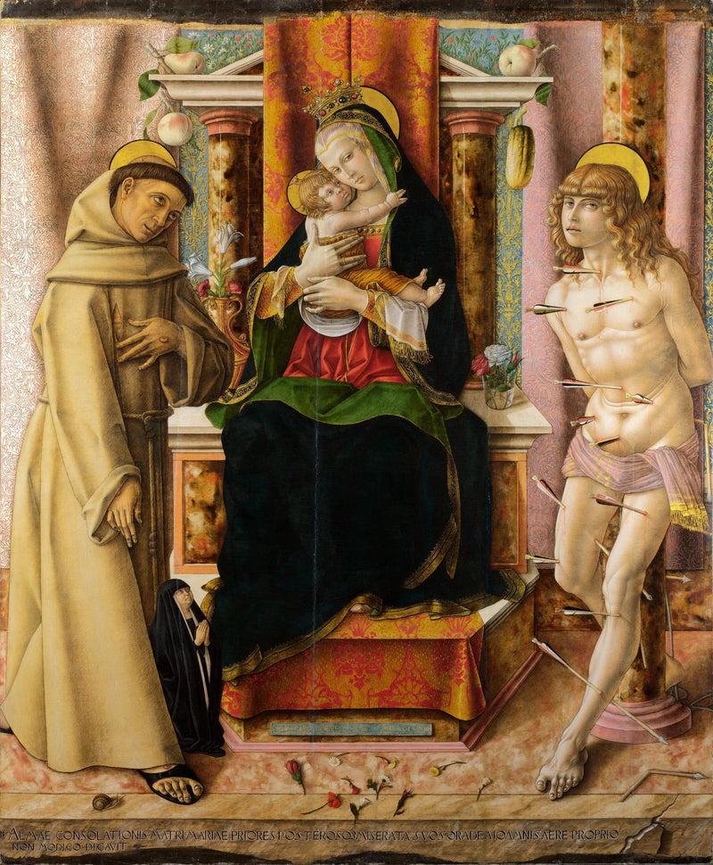 Jomfruen med barnet med de hellige Frans og Sebastian - Carlo Crivelli