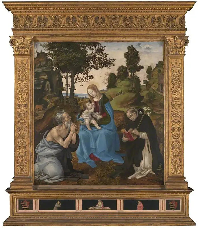 Jomfruen med barnet med helgenerne Jerome og Dominikus - Filippino Lippi