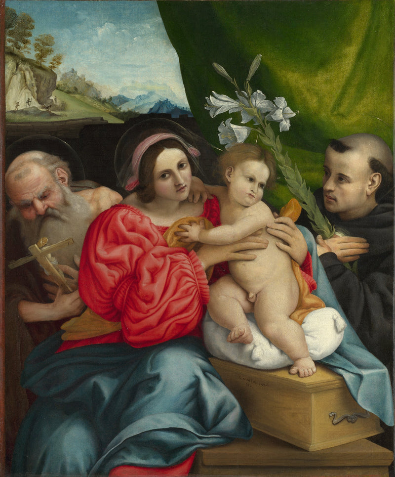 Jomfruen med barnet med helgenerne Jerome og Nikolaus af Tolentino - Lorenzo Lotto
