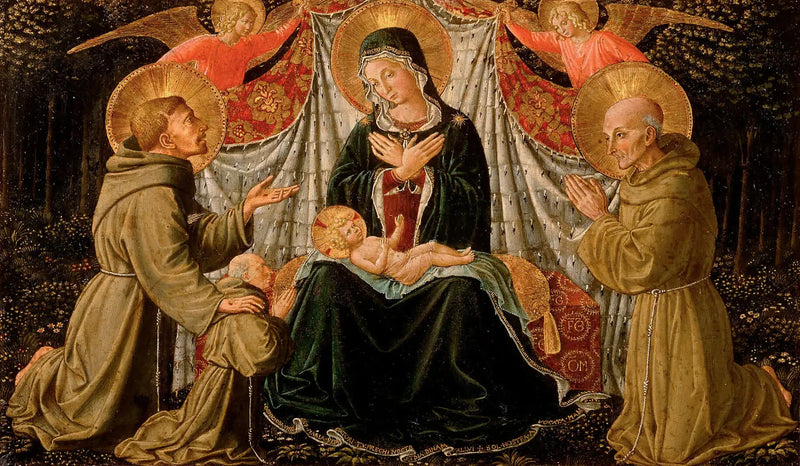 Jomfruen med barnet med Saint Franciskus og donoren Fader Jacopo da Montefalco (til venstre) og Saint Bernhard af Siena (til højre) - Benozzo Gozzoli