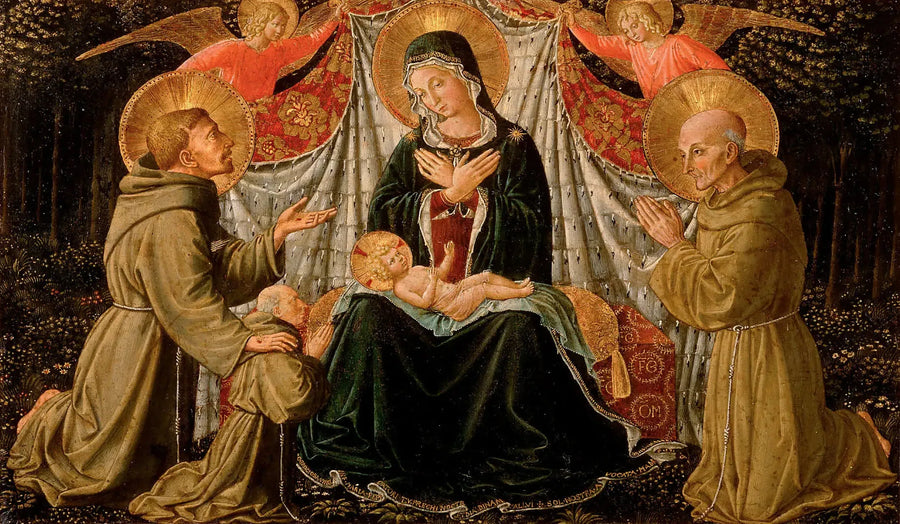 Jomfruen med barnet med Saint Franciskus og donoren Fader Jacopo da Montefalco (til venstre) og Saint Bernhard af Siena (til højre) - Benozzo Gozzoli