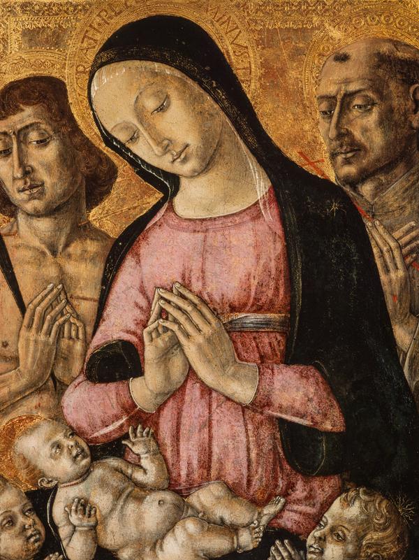 Jomfruen med barnet med Saint Sebastian, Saint Franciscus og engle - Matteo di Giovanni