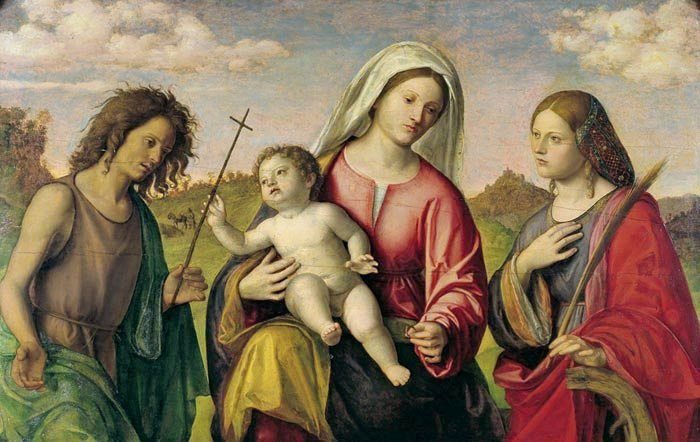 Jomfruen med barnet med Sankt Katharina og Sankt Johannes Døberen - Cima da Conegliano
