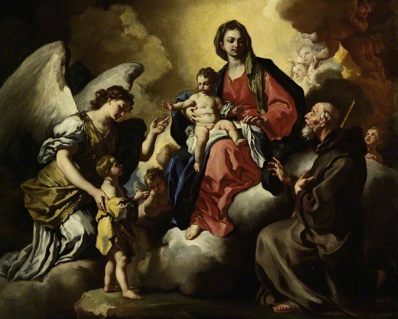 Jomfruen med barnet, præsenteret af sin værgeengel, og S. Francesco Di Paola - Francesco Solimena