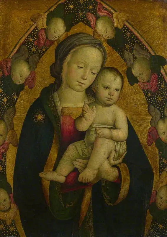 Jomfruen med barnet i en mandorla med småengle - Pietro Perugino