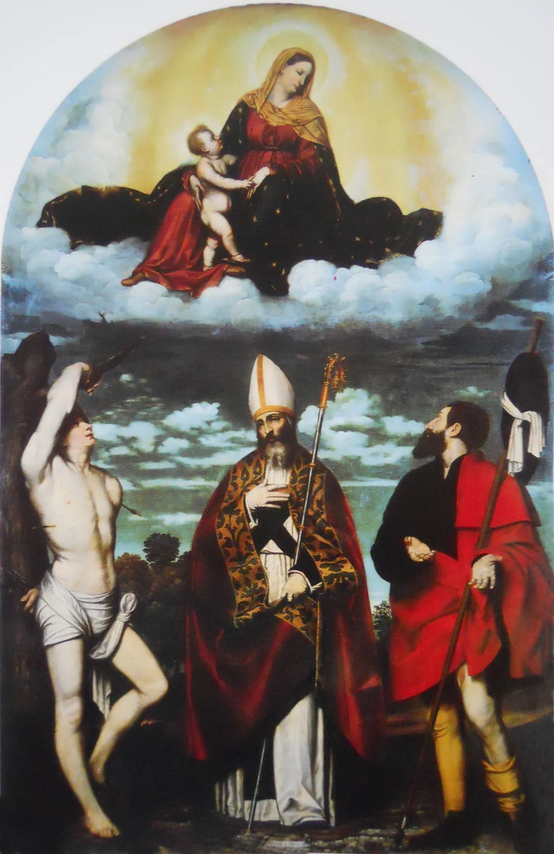 Jomfruen med barnet i herlighed med helgenerne Roch, Martin og Sebastiaan - Alessandro Bonvicino