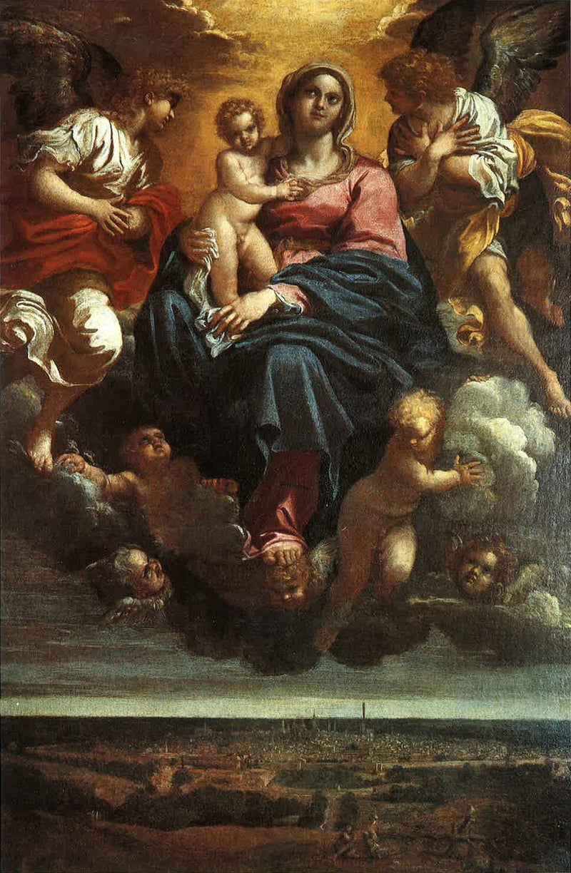 Jomfruen med barnet i herlighed over byen Bologna - Annibale Carracci