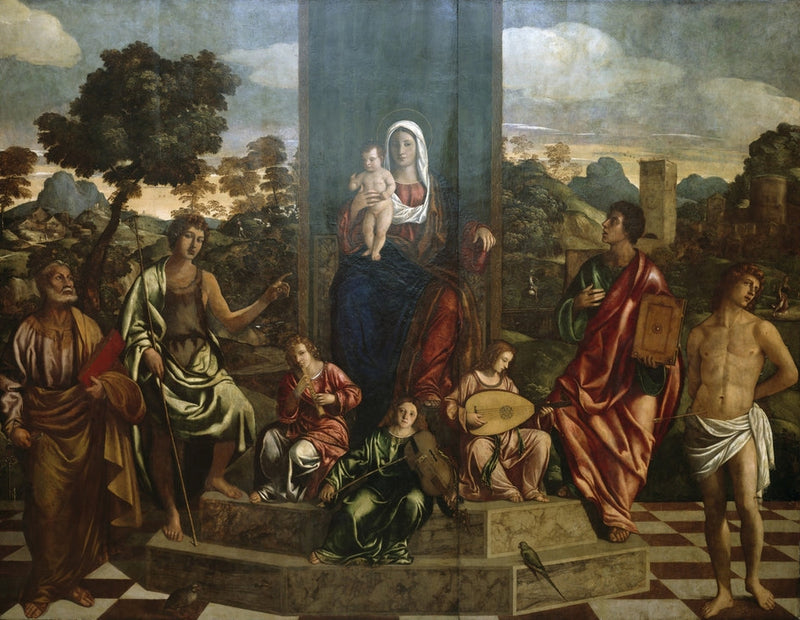 Jomfruen med barnet i majestæt med helgenerne Peter, Johannes Døberen, Johannes Evangelisten, Sebastian og tre musikerengle - Giovanni Bellini