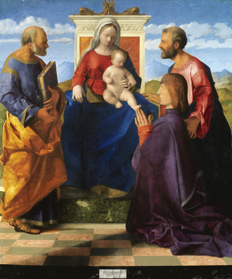Jomfruen med barnet på tronen med helgener og en donator - Giovanni Bellini