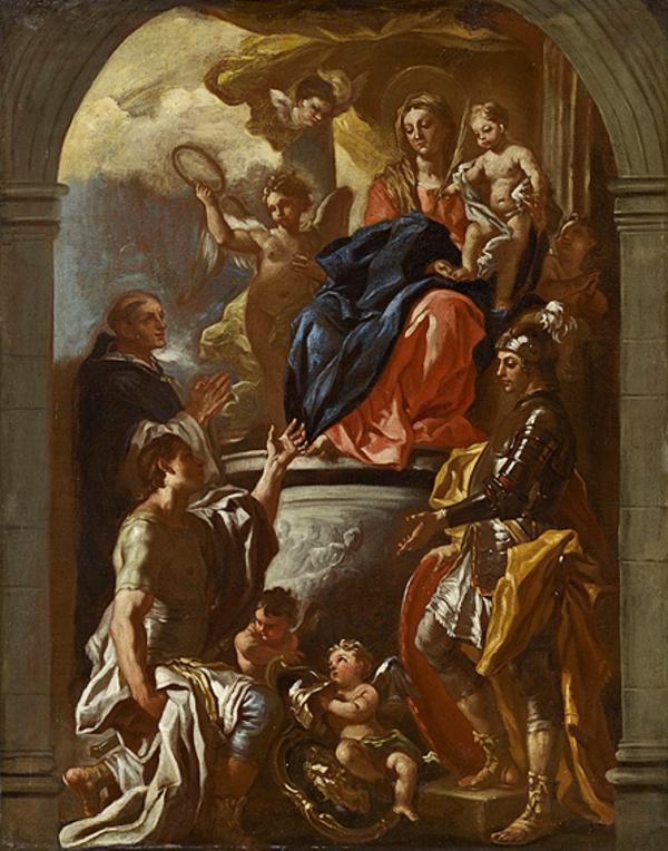 Jomfruen med barnet på tronen med martyr Peter og to krigerhelte - Francesco Solimena