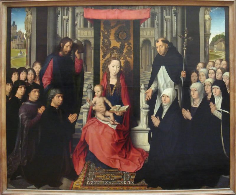 Jomfruen med barnet mellem Sankt Jakob og Sankt Dominikus - Hans Memling