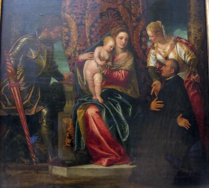 Jomfruen med barnet mellem helgeninde Justine og helgen Georg, med en knælende benediktiner - Paul Véronèse