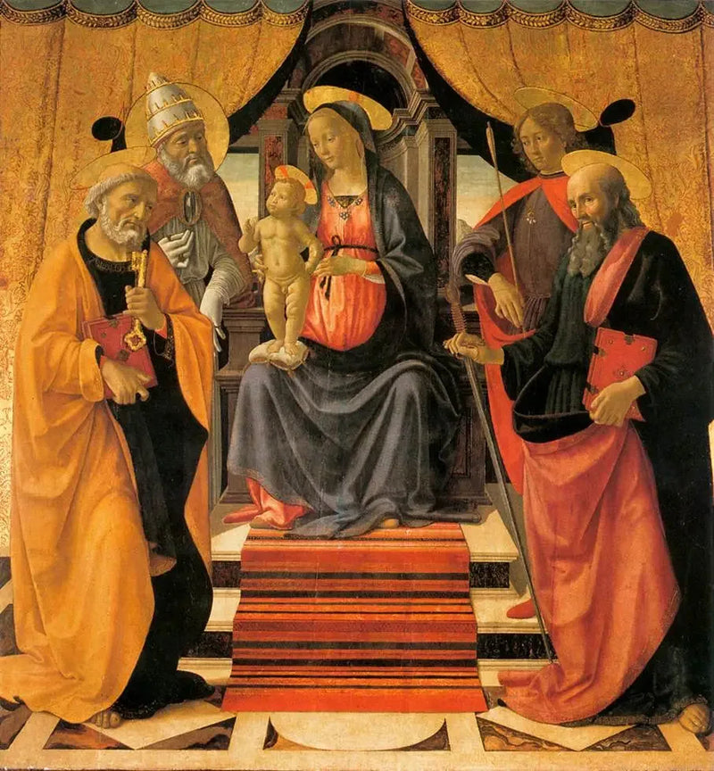 Jomfruen med barnet, der sidder på en tron med helgener - Domenico Ghirlandaio