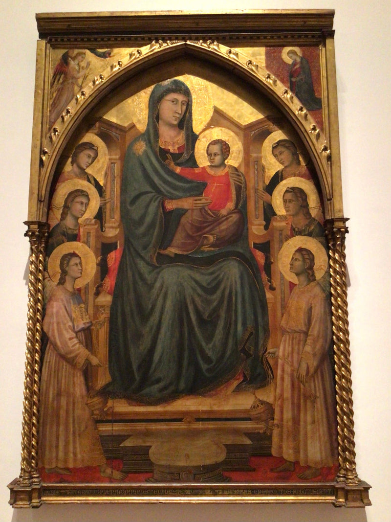 Jomfruen med barnet, der sidder på tronen med seks engle (« Maestà ») - Mester af Saint Cecilia