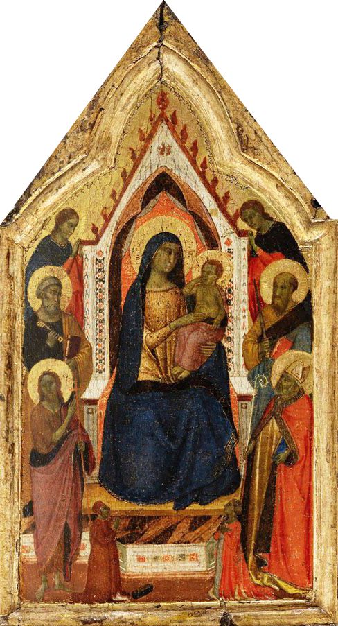 Jomfruen med barnet, troner, flankeret af helgenerne Johannes Døberen, Peter, Paulus og Zénobe (?) og to engle, med to donorer nedenunder - Taddeo Gaddi