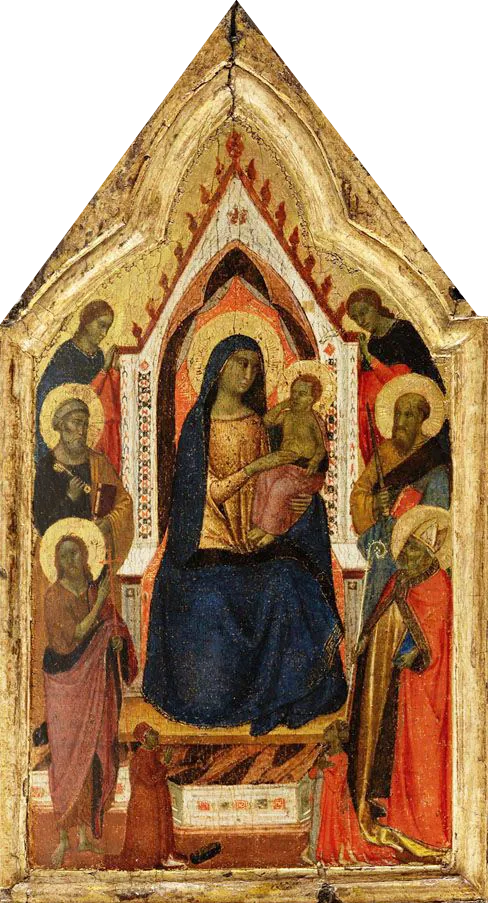 Jomfruen med barnet, troner, flankeret af helgenerne Johannes Døberen, Peter, Paulus og Zénobe (?) og to engle, med to donorer nedenunder - Taddeo Gaddi