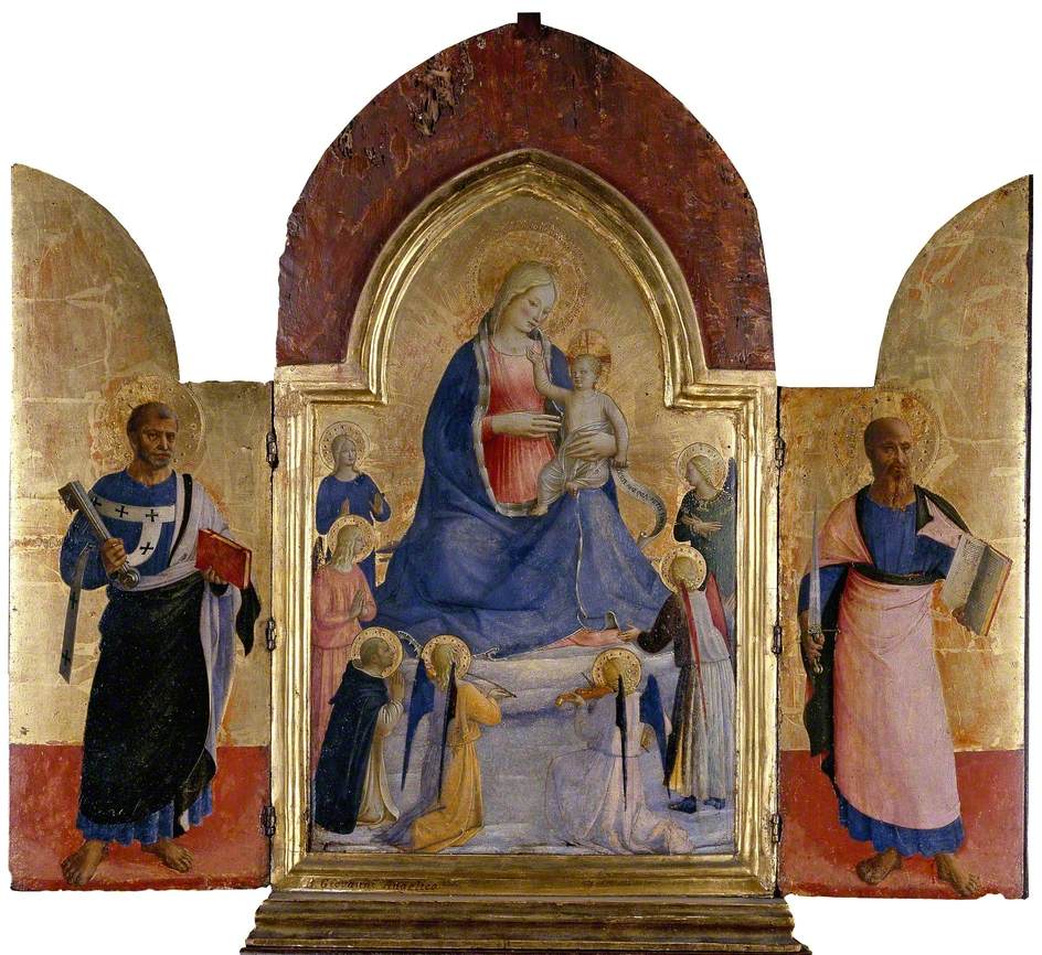 Jomfruen med barnet med engle og en dominikansk helgen (i midten) ; Sankt Peter (til venstre) ; Sankt Paul (til højre) - Fra Angelico