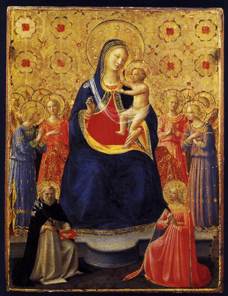 Jomfruen med barnet på tronen med ni engle og helgenerne Dominikus og Catherine af Alexandria - Fra Angelico