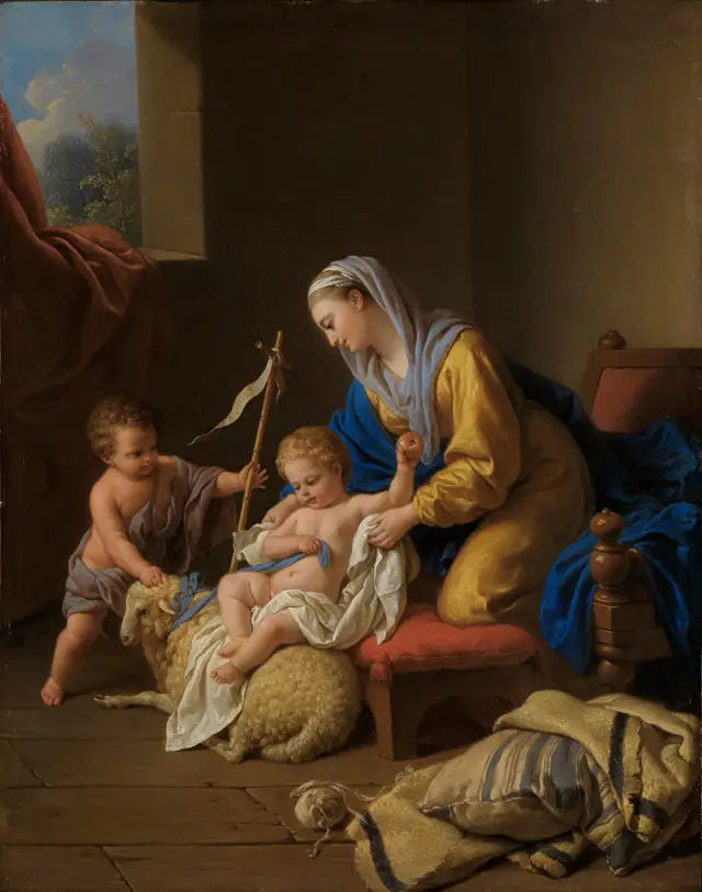 Jomfruen underholder Jesusbarnet, den lille Sankt Johannes med et får - Louis Jean François Lagrenée