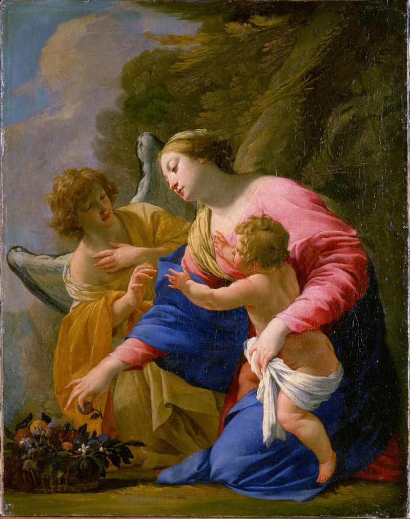 Jomfruen og barnet med frugtkurven og en engel i et landskab - Simon Vouet