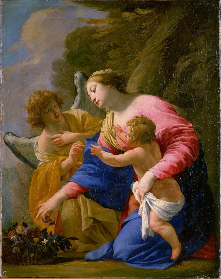 Jomfruen og barnet med frugtkurven og en engel i et landskab - Simon Vouet