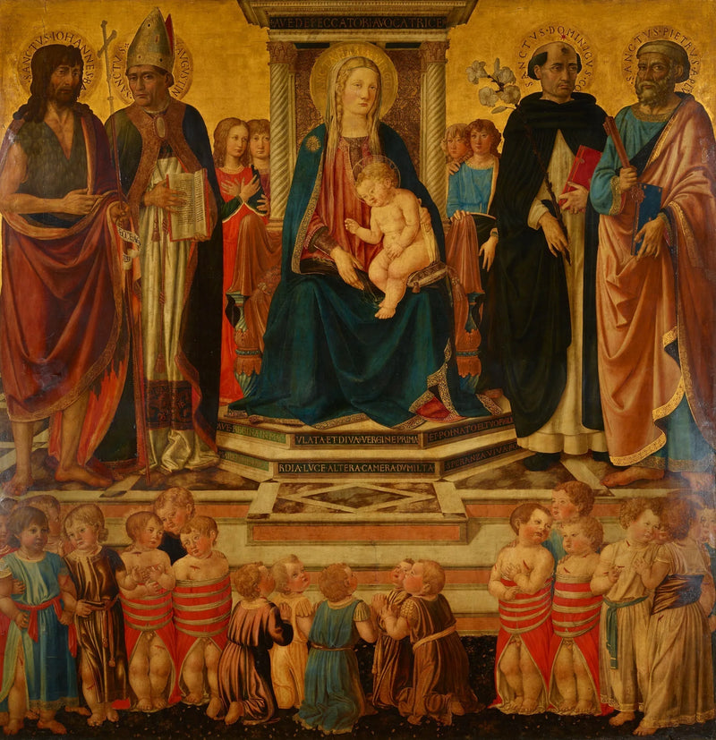 Jomfruen og Barnet, der velsigner, sidder på tronen med helgenerne Johannes, Augustin, Dominikus, Peter og ofrene for det bethiæmiske børnemassakre - Cosimo Rosselli