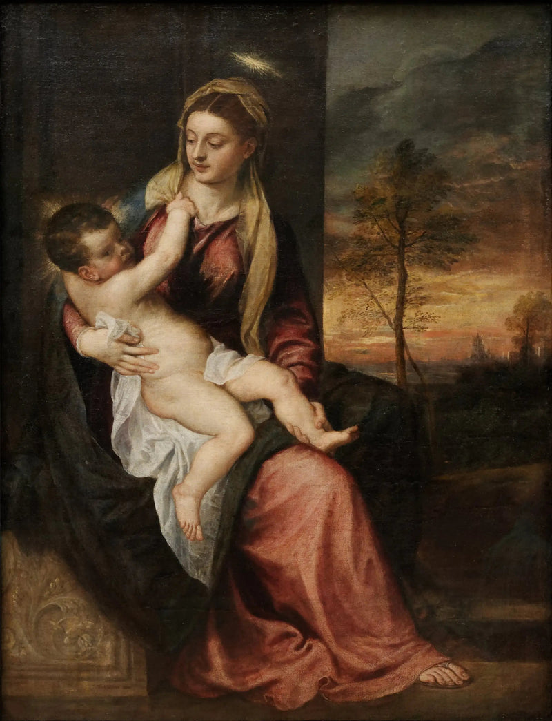 Jomfruen og barnet i et aftenlandskab - Titian