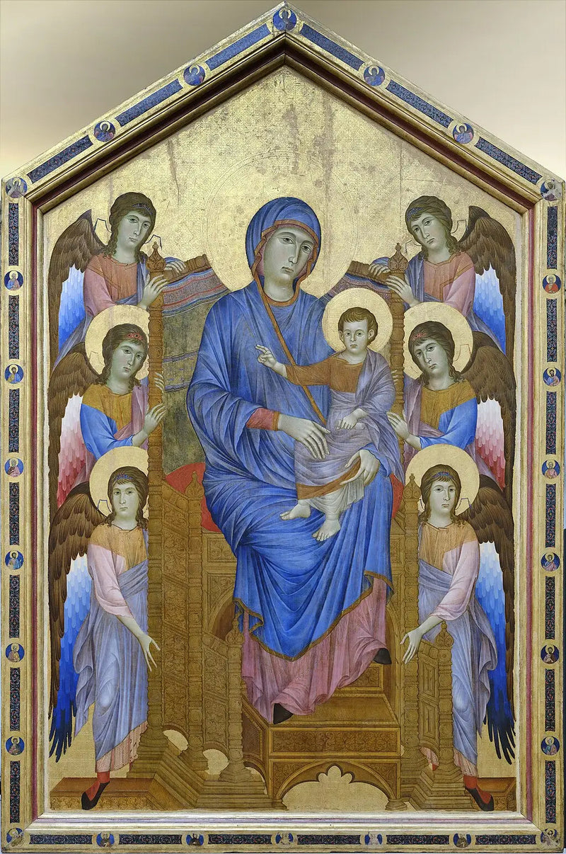 Jomfruen og barnet i majestætisk position omgivet af seks engle - Cimabue