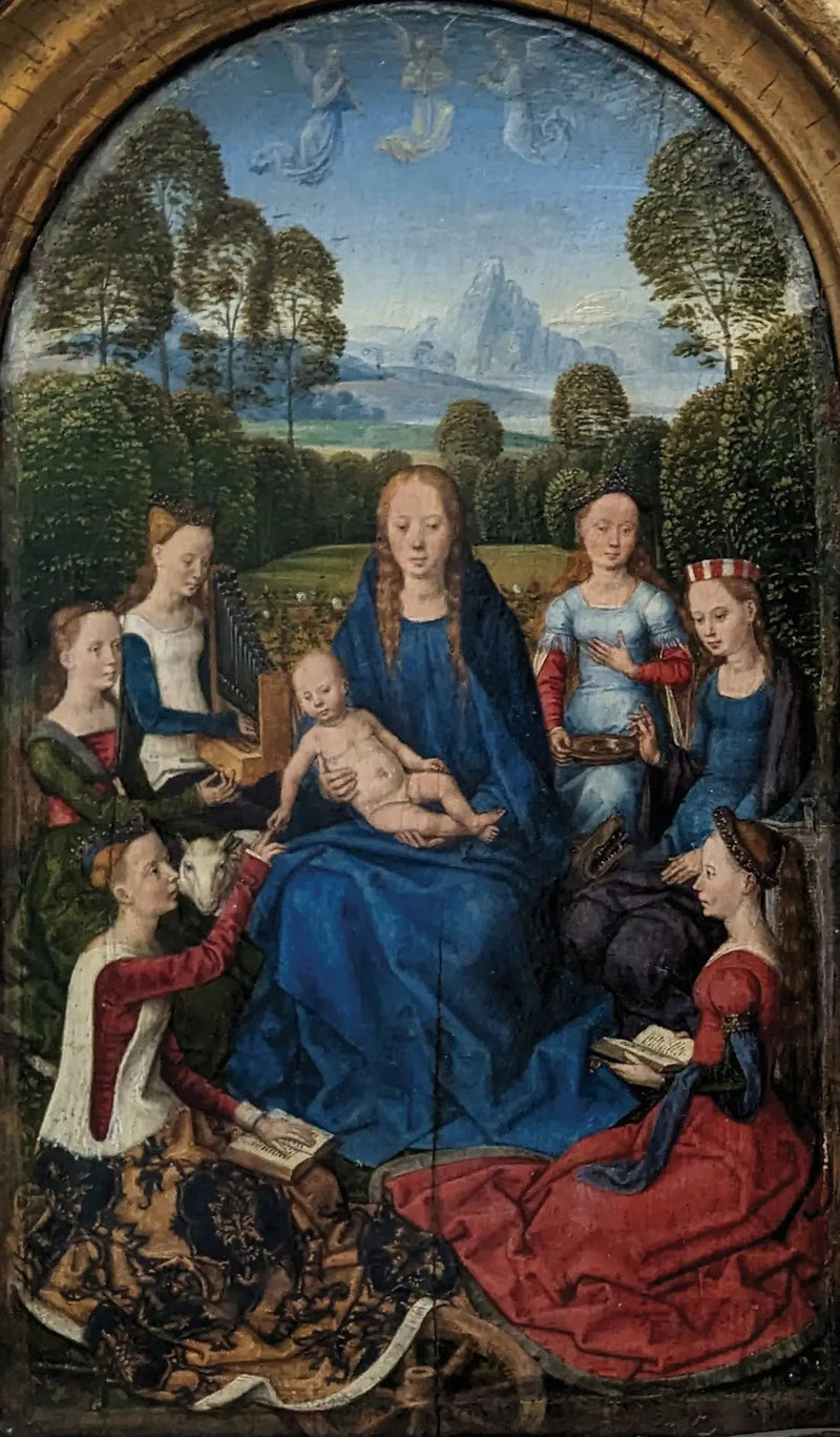 Jomfruen og barnet omgivet af hellige kvinder - Hans Memling
