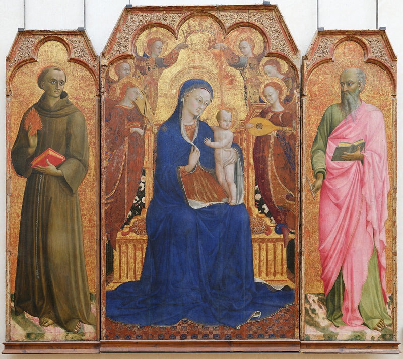 Jomfruen og Barnet omgivet af engle, Sankt Antonius af Padua og Sankt Johannes Evangelisten - Stefano di Giovanni (Sassetta)
