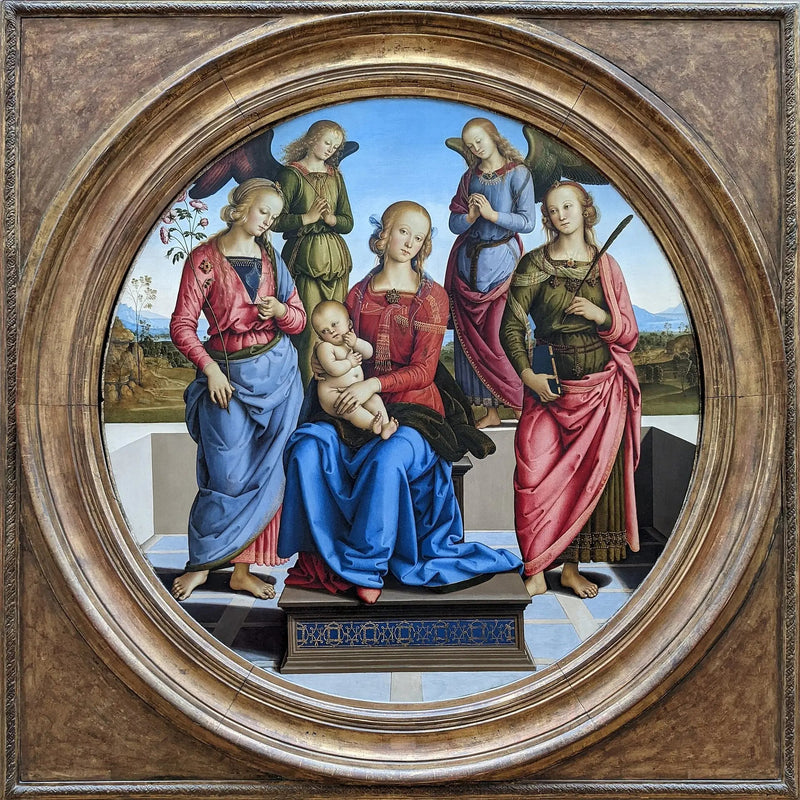Jomfruen og barnet omgivet af to engle, helgeninde Rose og helgeninde Catherine - Pietro Perugino