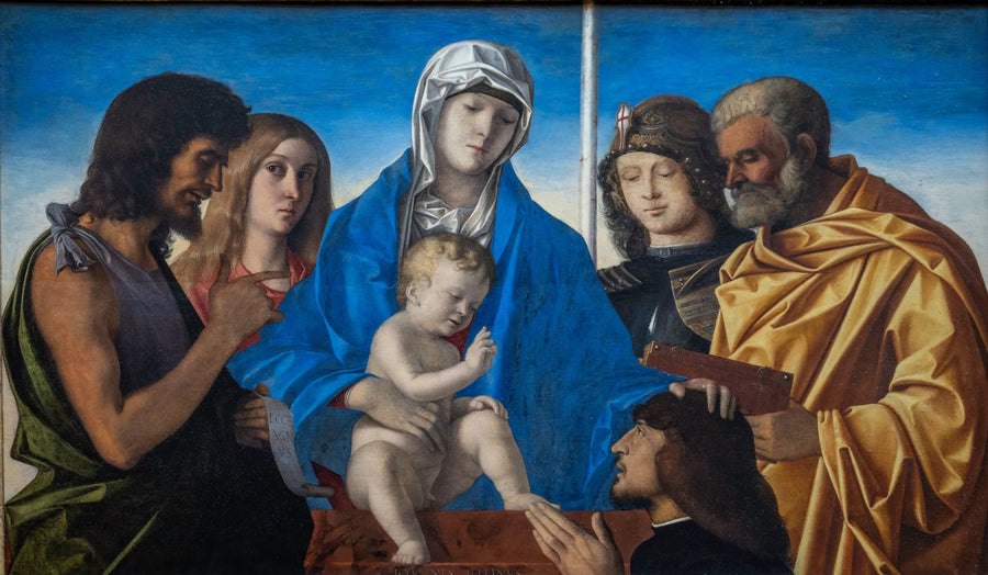Jomfruen og barnet omgivet af Sankt Johannes Døberen, Sankt Maria Magdalena, Sankt Georg, Sankt Peter og en donator - Giovanni Bellini