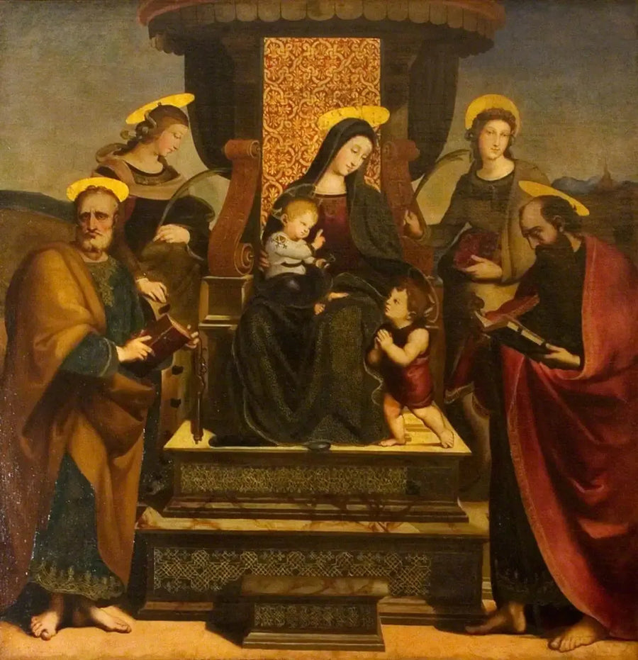 Jomfruen og barnet siddende med helgener - Raphael Sanzio