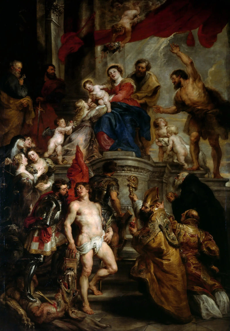 Jomfruen og barnet sidder på tronen med de hellige - Peter Paul Rubens