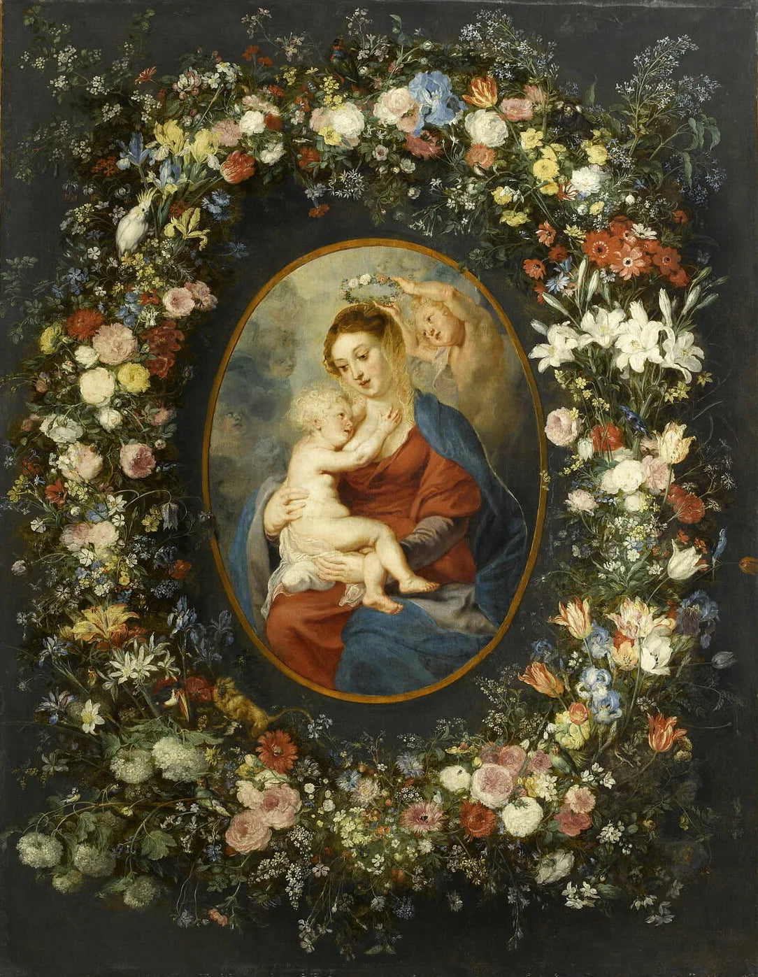 La Vierge, l'enfant Jésus et un ange au milieu d'une guirlande de fleurs - Jan Brueghel l'Ancien image 1 reproduction artisanale de tableau