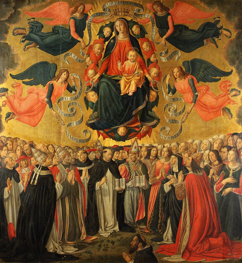 Jomfru Maria med den lille Jesus i herlighed, æret af engle, helgener, bønner og en donator. - Cosimo Rosselli