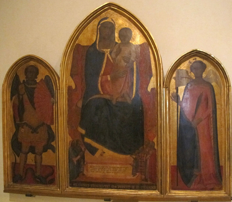 Jomfru Maria på sin trone, omgivet af donorer og helgener. - Allegretto Nuzi