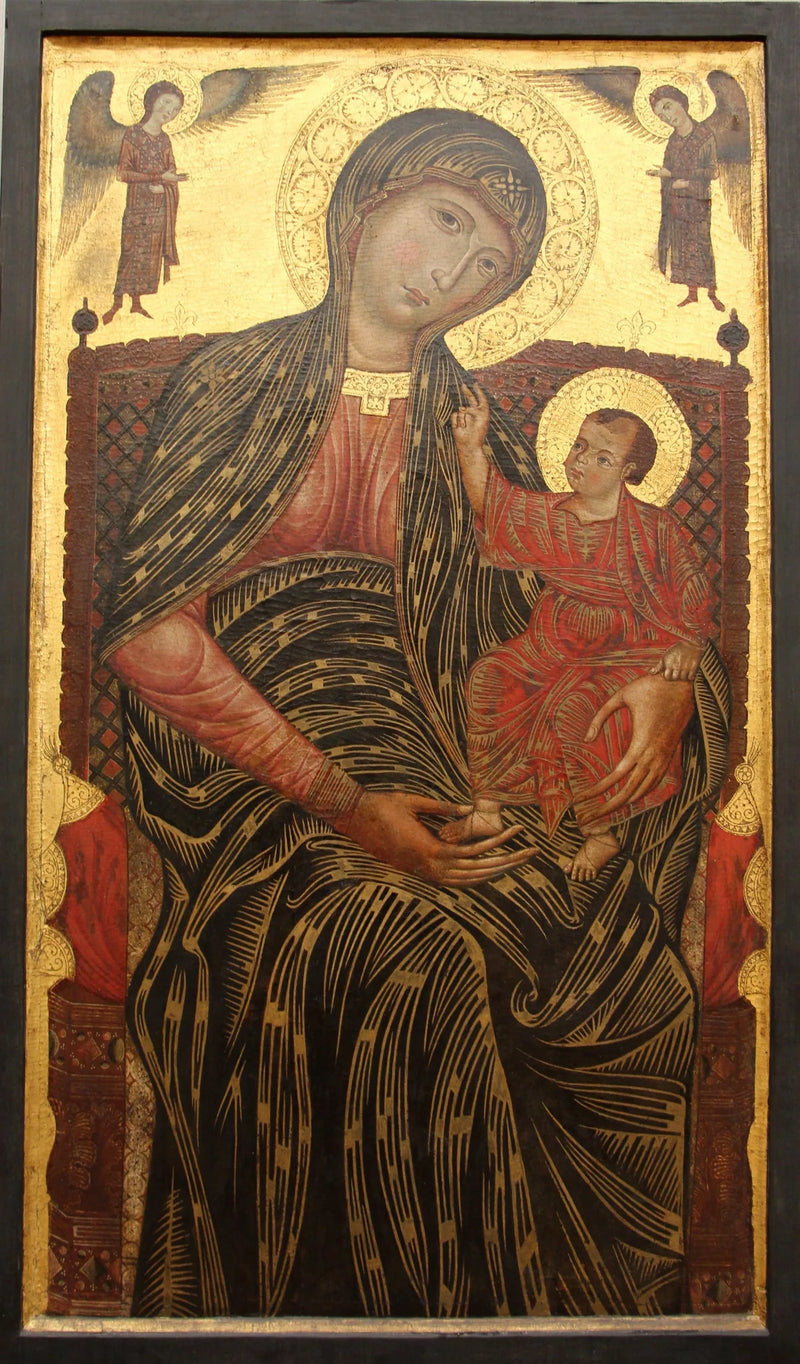 Jomfru Maria, der sidder på tronen med to engle - Master of the Magdalen