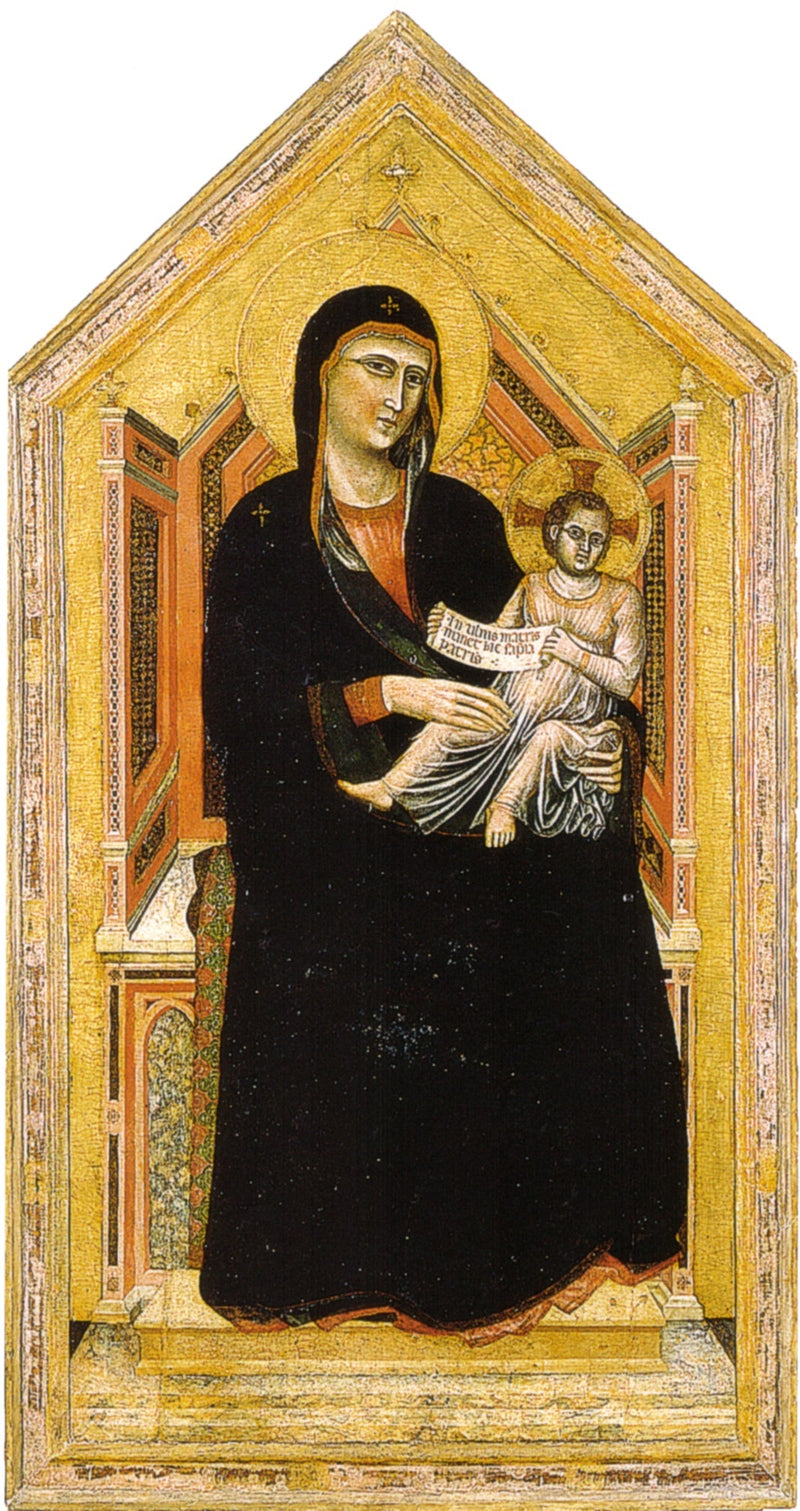 Jomfru Maria, der sidder på tronen med et barn - Mester af Saint Cecilia