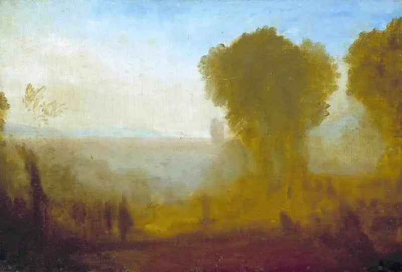 Landskab med tårn, træer og figurer; muligvis Arcueil nær Paris - J. M. W. Turner