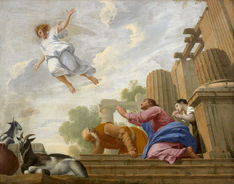Englen Raphael afslører sin sande natur for Tobias og hans familie og stiger op til himlen - Eustache Le Sueur