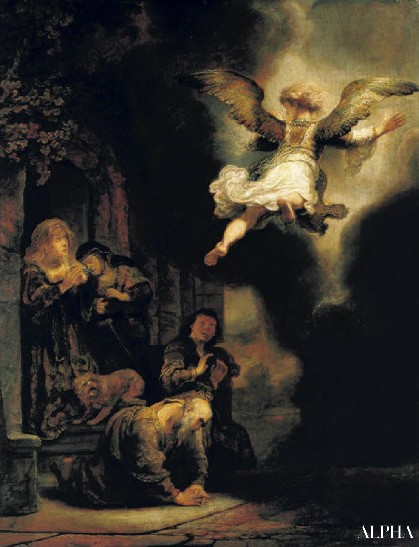 Ærkeenglen Raphael forlader Tobias' familie - Rembrandt van Rijn - Reproduktioner af malerier og højkvalitets malerier