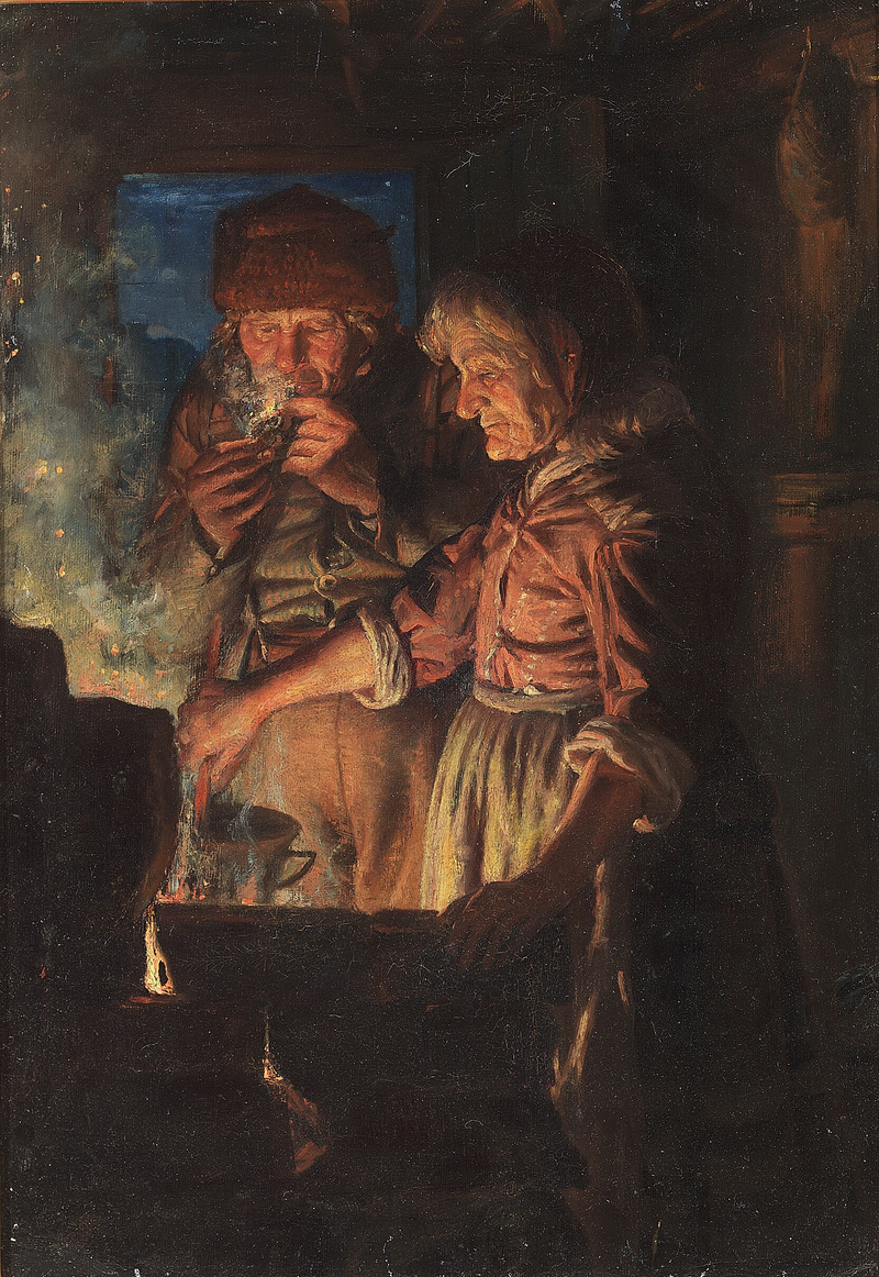 Lars Gaihede og hans kone ved pejsen, Stifi rører i gryden. - Michael Peter Ancher