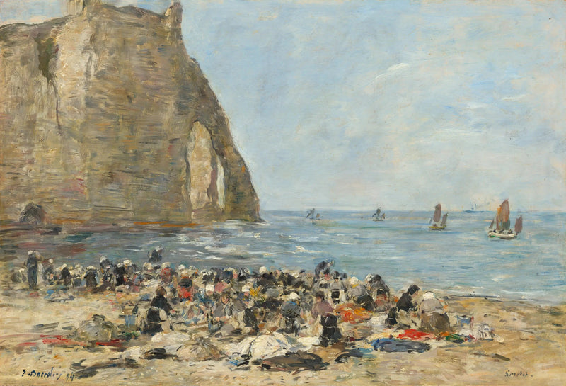 Vaskekoner på stranden i Etretat - Eugène Boudin