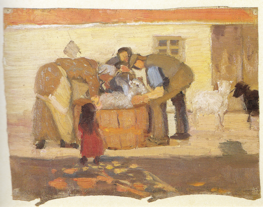 Vasker får foran et hus - Anna Ancher