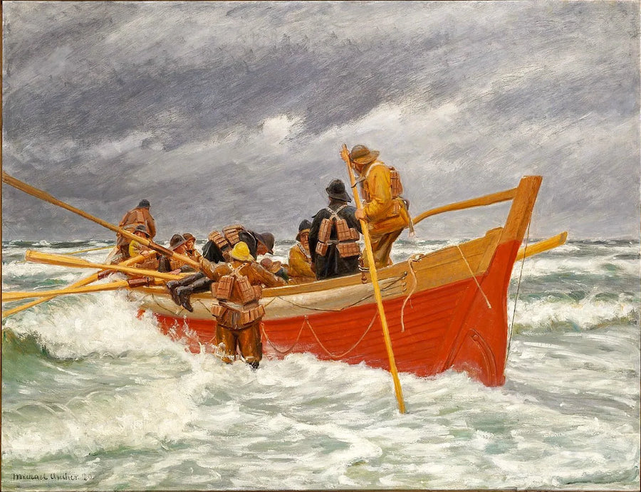 Den røde redningsbåd sejler afsted. - Michael Peter Ancher