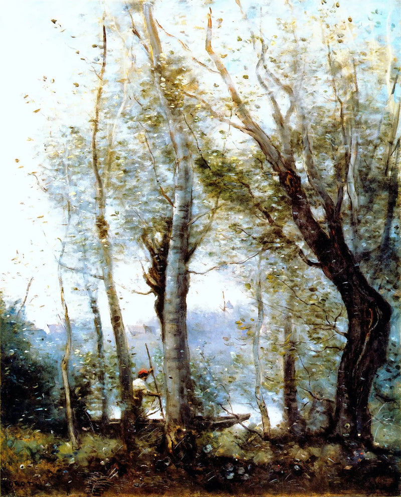 Bådføreren passerer bag træerne ved bredden - Jean-Baptiste Camille Corot