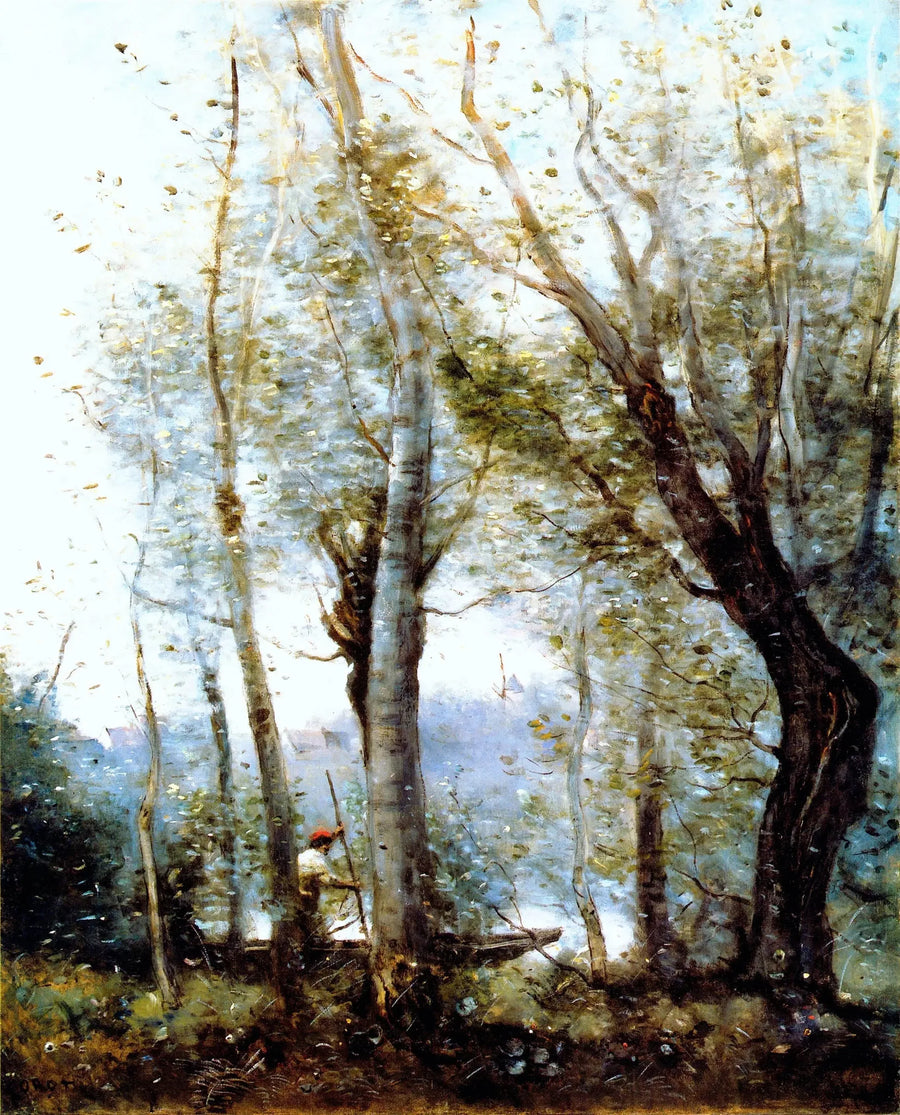 Bådføreren passerer bag træerne ved bredden - Jean-Baptiste Camille Corot